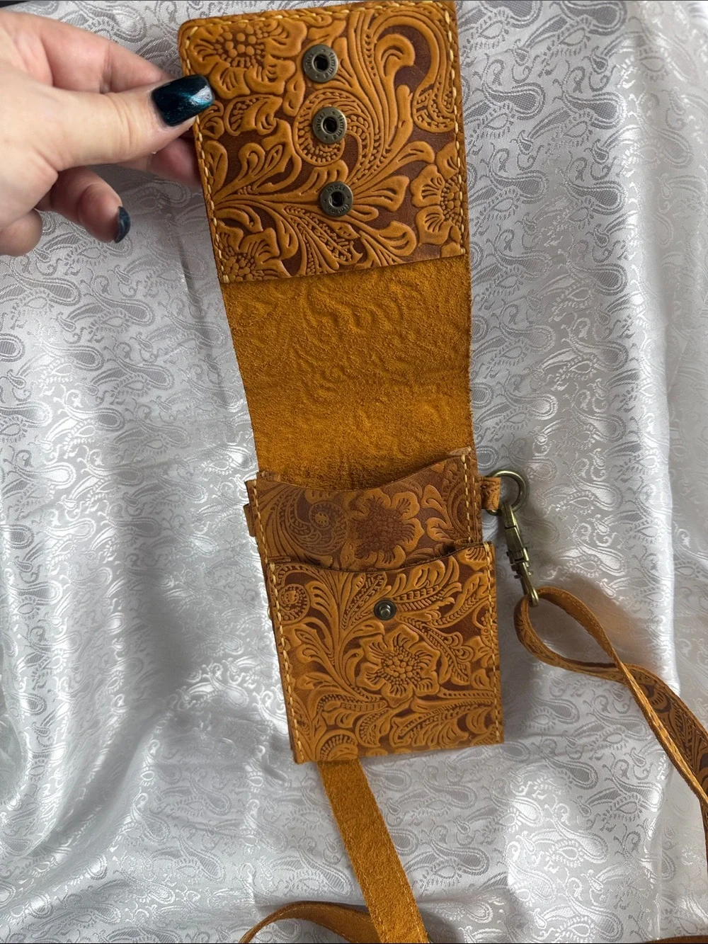 Tooled Leather Crossbody Phone Pouch - Mustard Tan